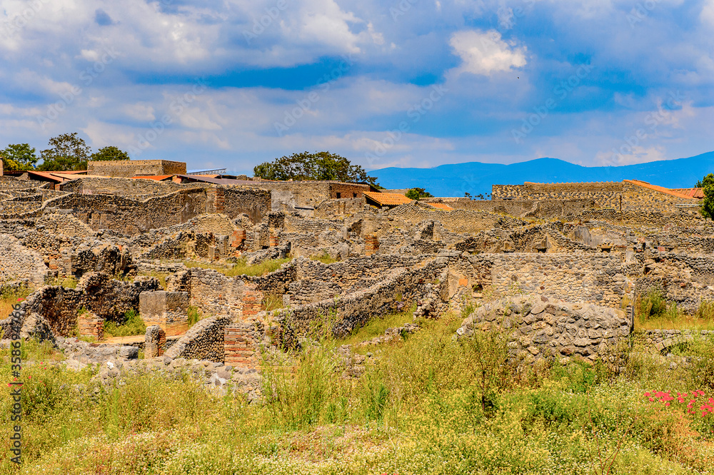 It's Destroyed architecture of Pompeii, an ancient Roman town destroyed by the volcano Vesuvius. UNESCO World Heritage site