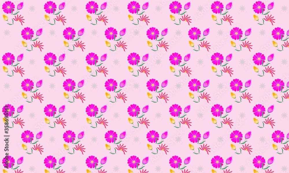 pink and orange flowers seamless pattern on pink background