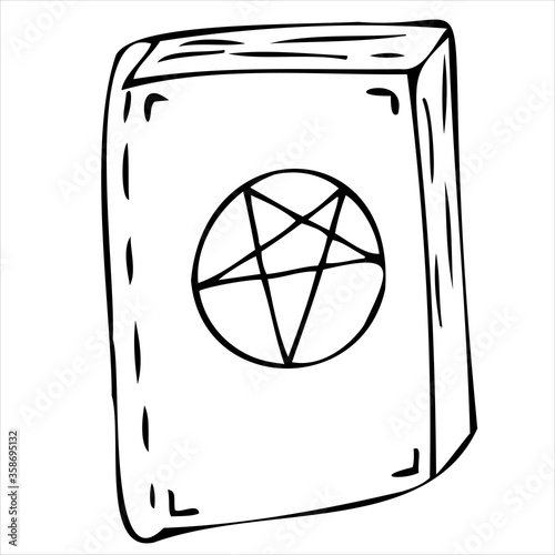 witch or sorceress spell book, vector doodle element for halloween celebration, black outline