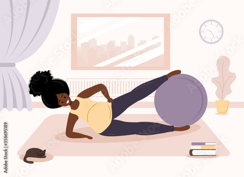 Yoga during pregnancy. African woman doing fitness exercises with fitball. Health care and sport concept. Beauty female character at home interior. Vector illustration in flat style.