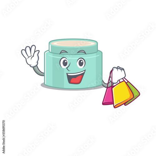 wealthy lipbalm cartoon character with shopping bags