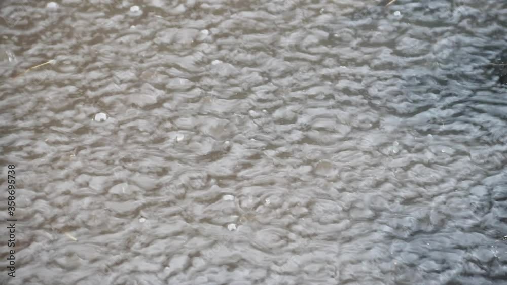 Puddle of water with splashing raindrops during a downpour Puddle of water with splashing raindrops during a downpour