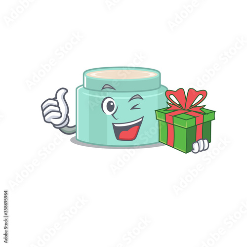 joyful lipbalm cartoon character with a big gift box