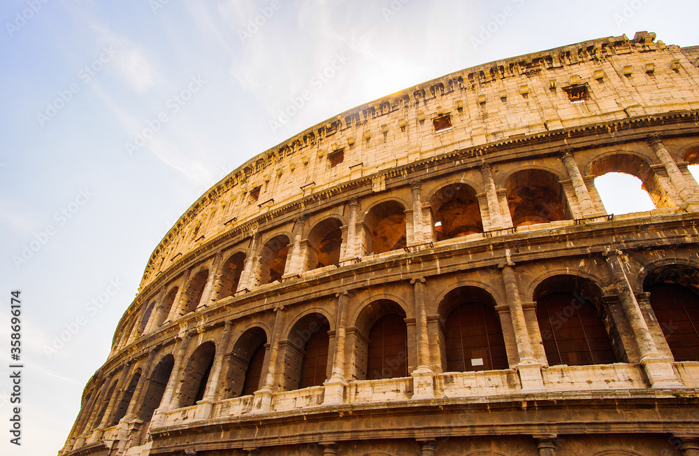 Exterior of the Colosseum or Coliseum, an elliptical amphitheatre in the centre of the city of Rome, Italy