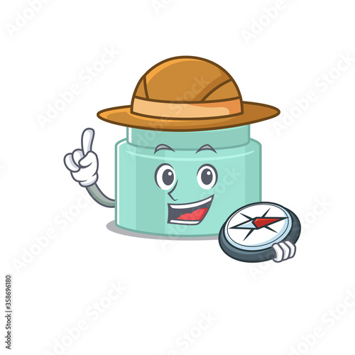 mascot design concept of lipbalm explorer using a compass in the forest