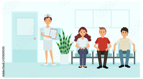 Patients waiting in the hospital/clinic for doctor,nurse is in front of the room. flat cartoon character Vector illustration