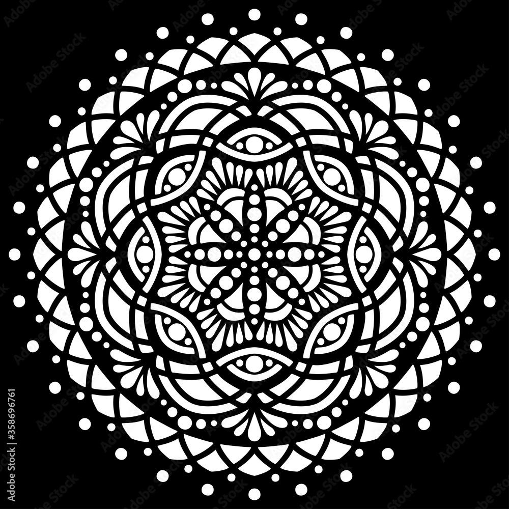 white-mandala-on-black-pattern-stencil-doodles-sketch-stock-vector