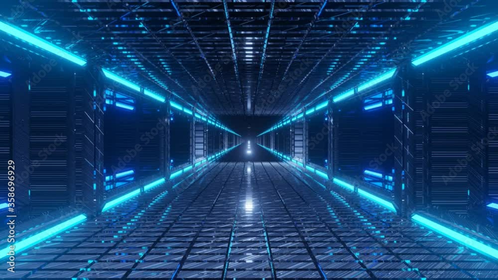 Animation of immersing through long, dark and highly reflective space tunnel, illuminated with blue lights. VFX, VJ loops, Motion graphics.