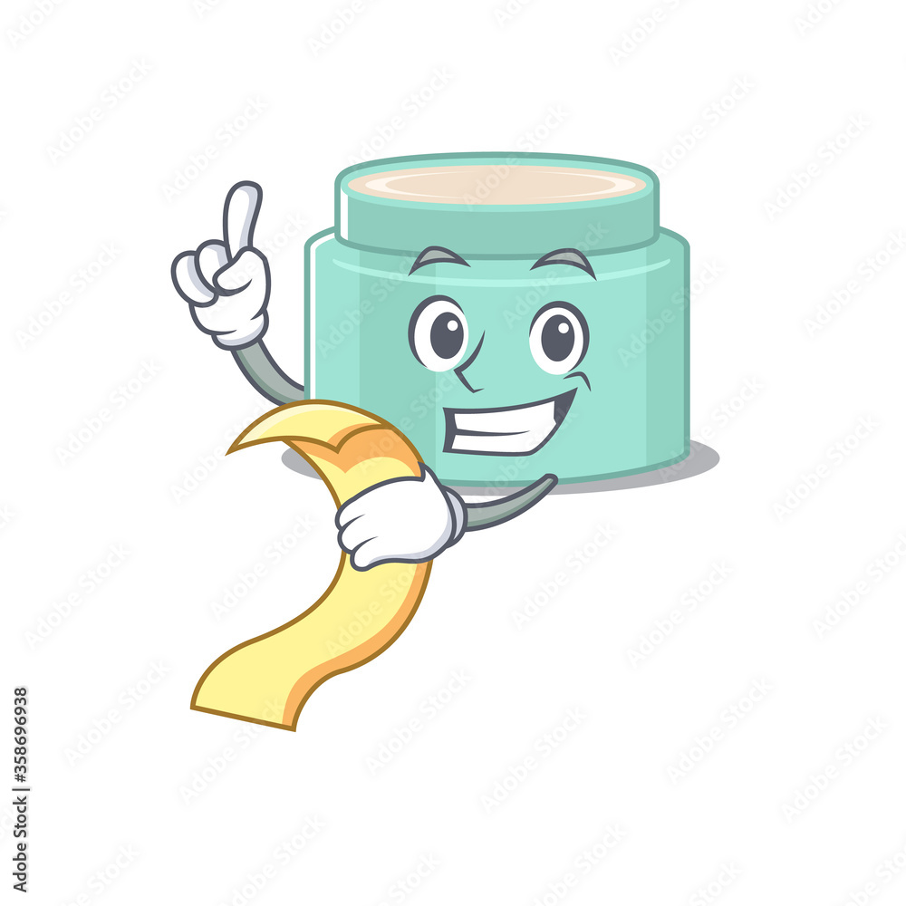 Lipbalm mascot character style with a menu on his hand
