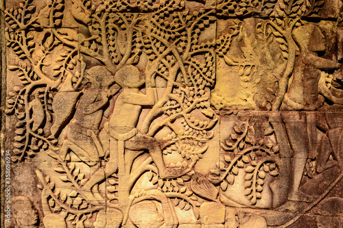 It's Drawing of the part of the army on the Bayon, Khmer temple at Angkor in Cambodia. Official state temple of the Mahayana Buddhist King Jayavarman VII