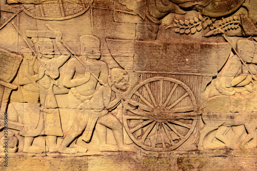 It s Drawing of the part of the army on the Bayon  Khmer temple at Angkor in Cambodia. Official state temple of the Mahayana Buddhist King Jayavarman VII