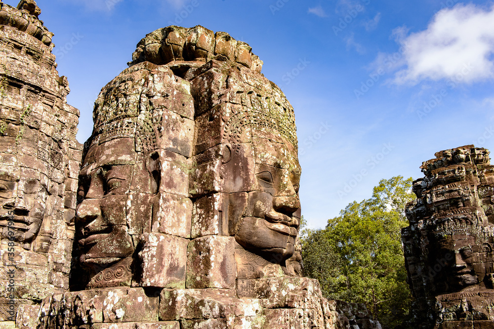 It's Smiling faces of the Bayon, Khmer temple at Angkor in Cambodia. Official state temple of the Mahayana Buddhist King Jayavarman VII