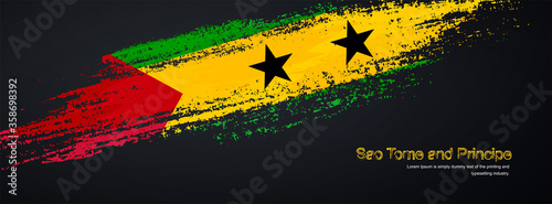 Grunge brush of Sao Tome and Principe flag on shiny black background. Creative glitter sparkle brush paint vector illustration