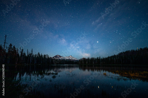 Milky way and stars over mountains reflected in lake with surrounding forest. 