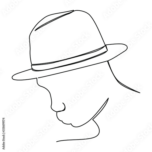 one line continuous drawing man using fedora hat looking down