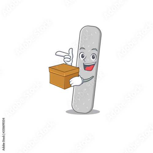 A smiling emery boards cartoon mascot style having a box