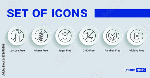 Set of icons: Gluten Free, Lactose Free, GMO Free, Paraben, Food additive, Sugar free. Vector illustration.