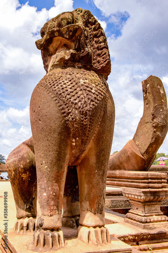It's Statue near th eAngkor Wat (Temple City), the largest religious monument in the world.