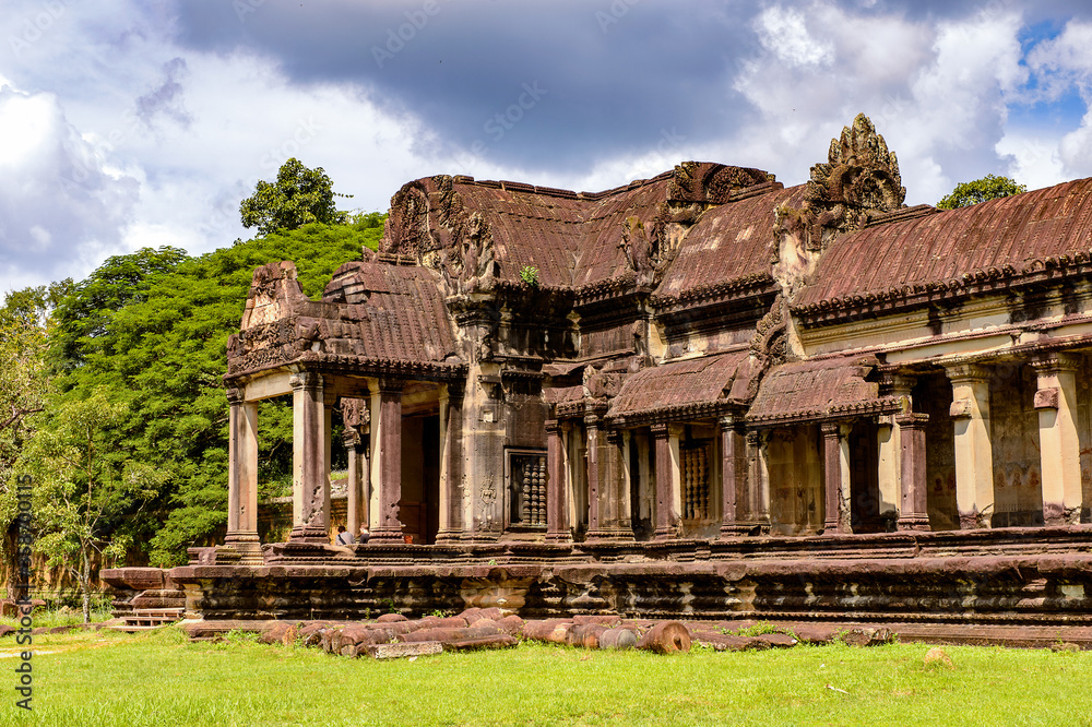 It's Angkor Wat (Temple City), a Buddhist, temple complex in Cambodia and the largest religious monument in the world. View from the garden