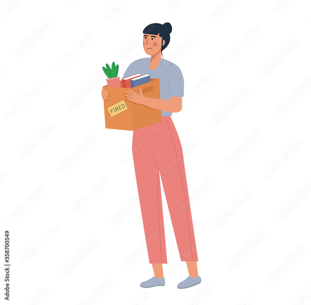 Cartoon vector illustration. Employee fired from work. Loss job. Dismissed woman carrying box with her things. Unemployment concept, job reduction. Vector flat illustration isolated on white.