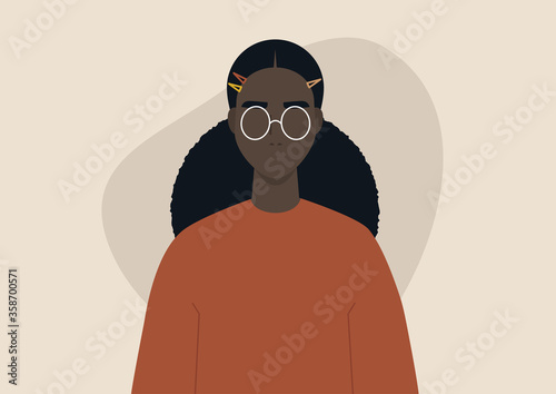 A young black girl wearing hairpins, trendy hairstyle, character design