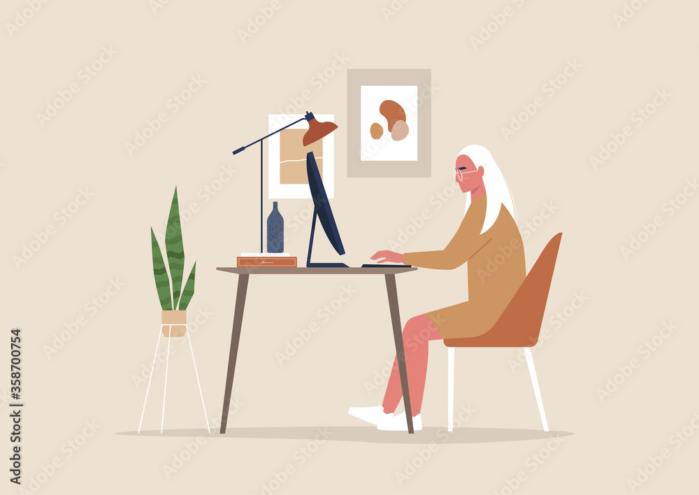 Fototapeta premium Young female character working at the office, posters and plants, cozy workplace interior, millennials at work