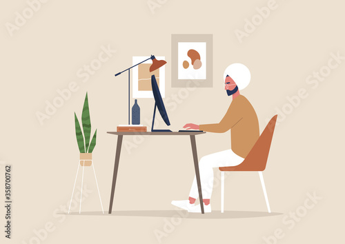 Young indian male character working at the office, posters and plants, cozy workplace interior, millennials at work
