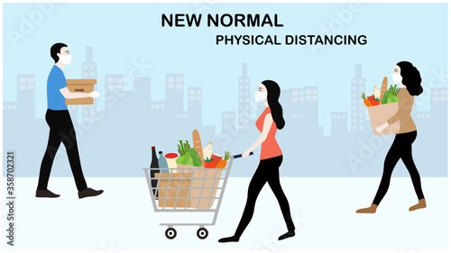 New normal in physical distancing people keep distance from each other and wearing face mask prevention from disease outbreak vector illustration. New normal after COVID-19 pandemic concept 