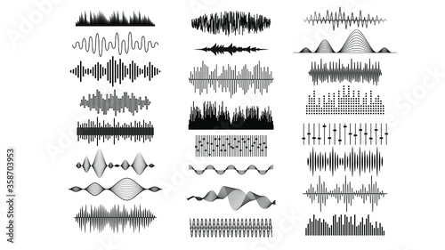 Set Black Collection Abstract Elements Audio Waves Voice Sound Music Shapes Vector Design Style