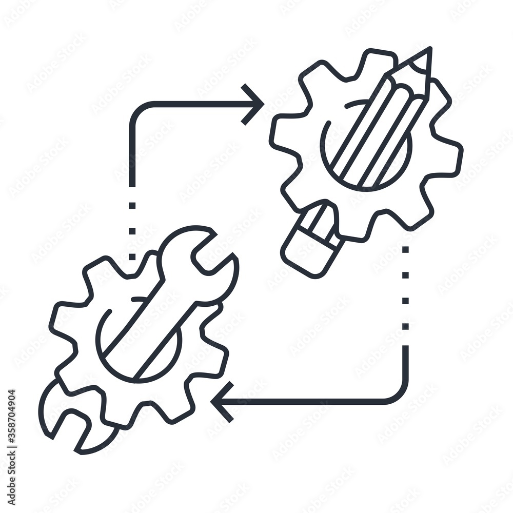 Theory and practice. Interaction process .Vector linear icon isolated on white background.
