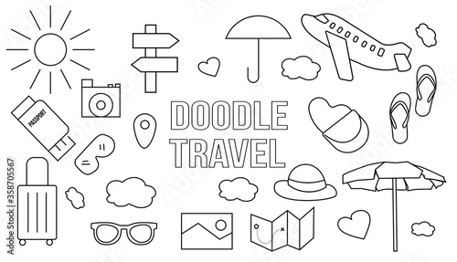 Unique doodle traveling outline set bundles isolated on white background