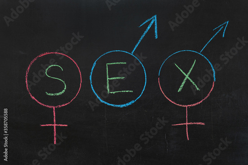The word SEX is written in the gender symbols of men and women and the symbol of gender equality. Drawing on a chalk Board