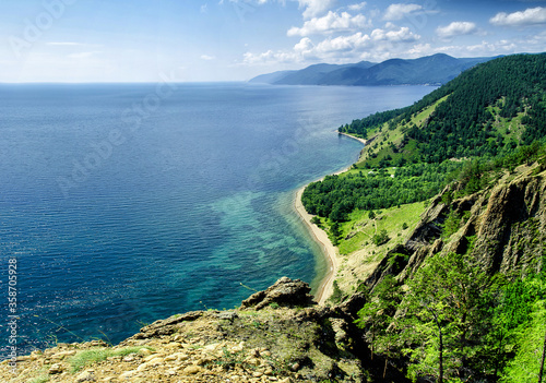 View above big beautiful lake, Baikal lake, Russia