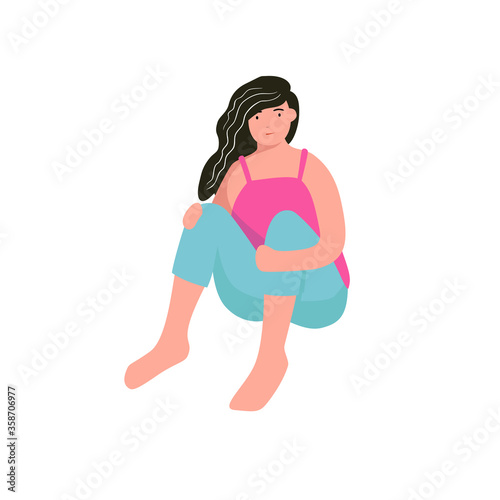 Vector flat illustration of a girl sitting sad. Women's issue. Premenstrual syndrome. Sadness. Women's day