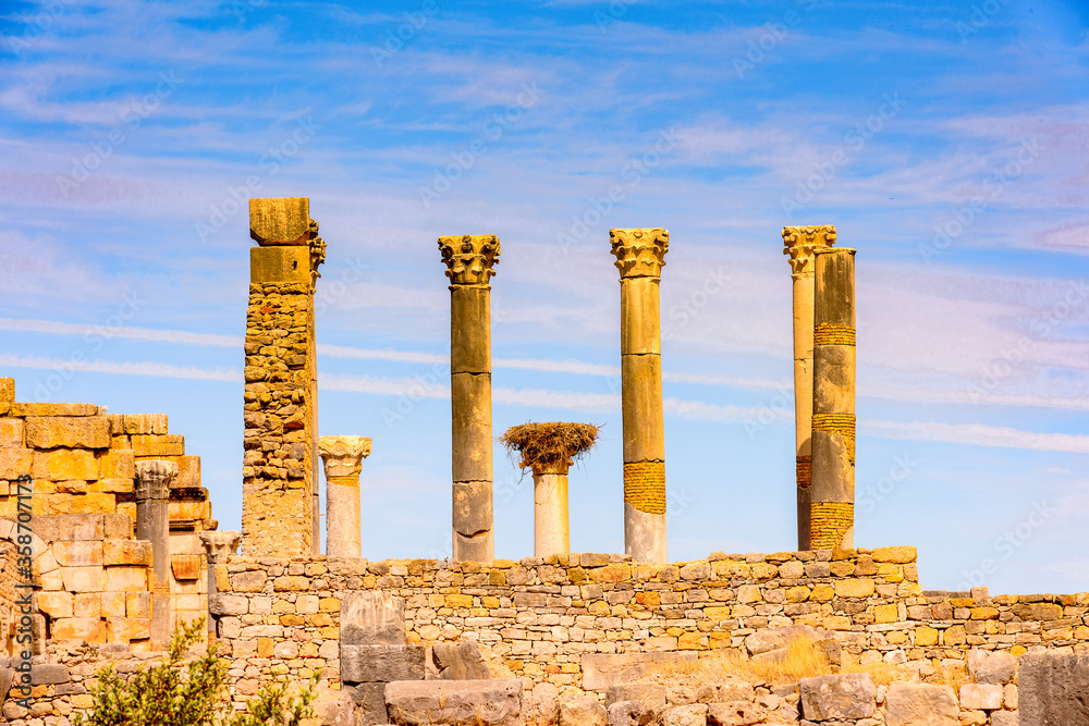 It's Volubilis, an excavated Berber and Roman city in Morocco, ancient capital of the kingdom of Mauretania. UNESCO World Heritage