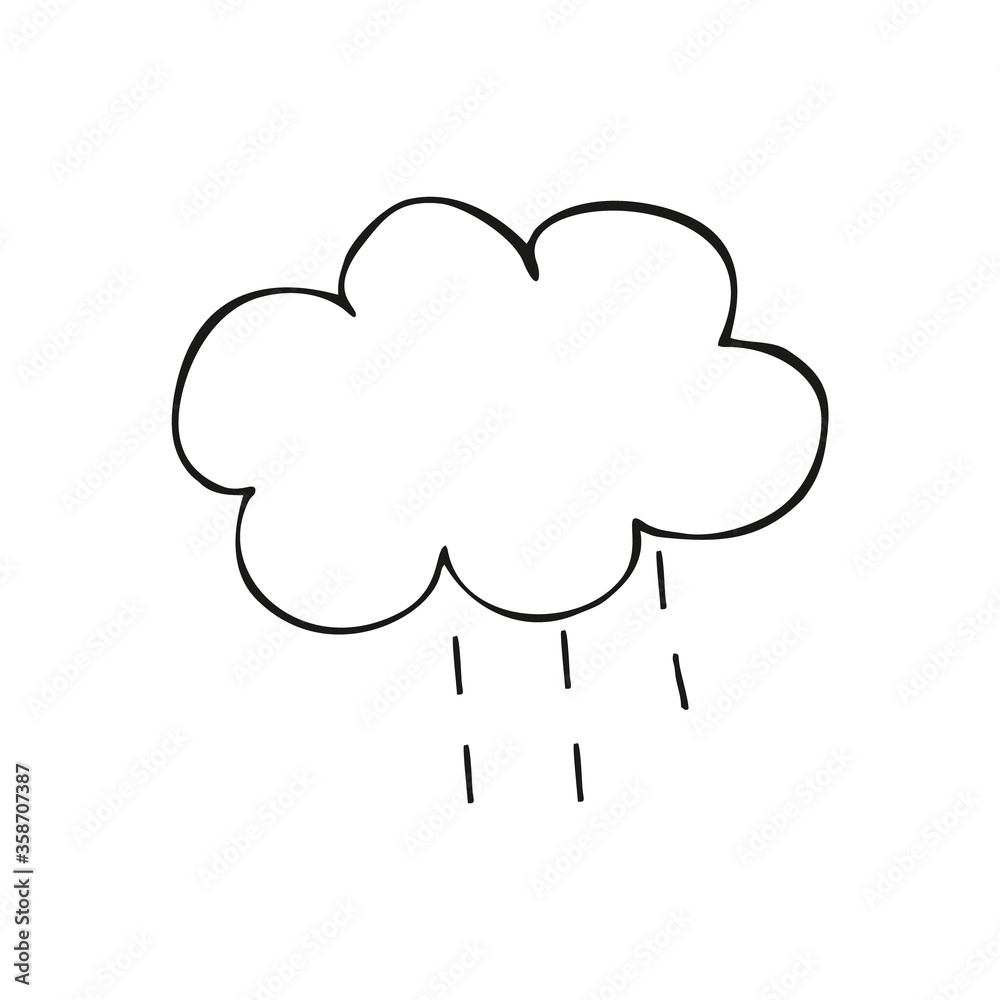 Drawing cloud Doodle. Children's drawing of a cloud with rain. Black and white contour vector illustration. Logo design, sticker, element, icon Drawing cloud Doodle. Children's drawing of a cloud with rain. Black and white contour vector illustration. Logo design, sticker, element, icon