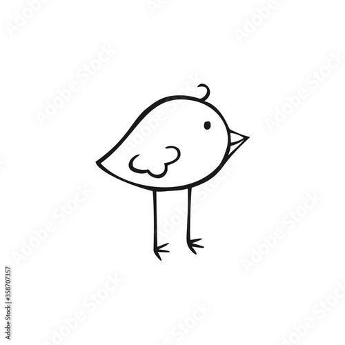Black and white bird on a white background. Children's cartoon Doodle character. Vector contour illustration. Logo, icon, and postcard design element