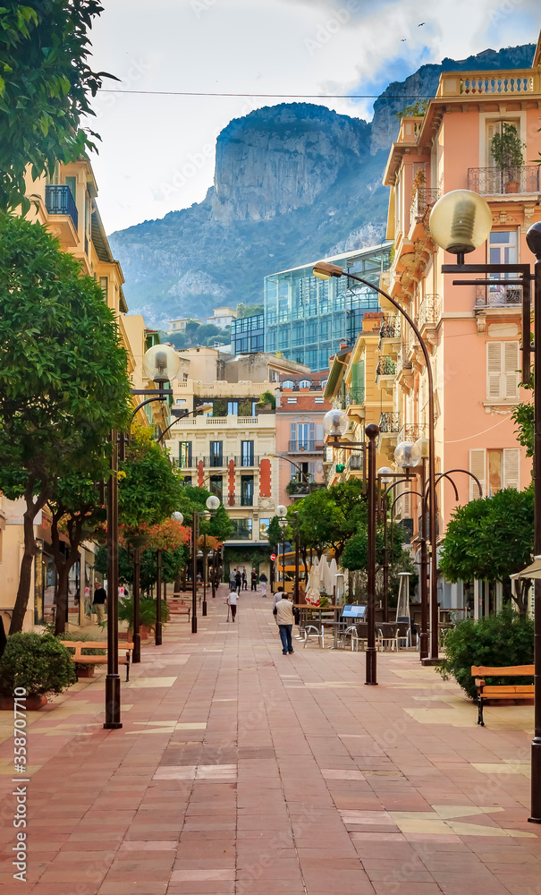 Pedestrian Street Rue Princess Caroline full of cafes and restaurants in Monaco-Ville Monaco