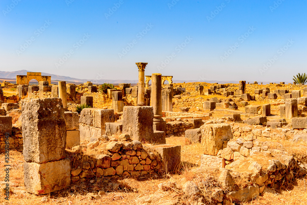 It's Excavations of Volubilis, an excavated Berber and Roman city in Morocco, ancient capital of the kingdom of Mauretania. UNESCO World Heritage