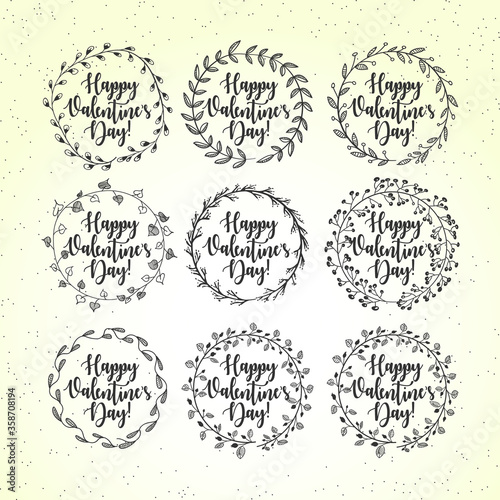 happy valentine day lettering with wreath, greeting cards vector illustration set , eps 10 vector 