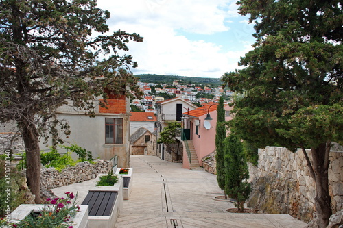 Scenic view down the street of picturesque Mediterranean town