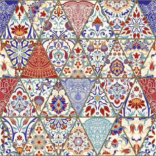 Seamless colorful patchwork. Vintage multicolor pattern in turkish style. Hand drawn background. Islam, Arabic, Indian, Mexican motifs. Vector