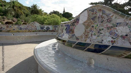 BARCELONA, CATALONIA, SPAIN - JUNE 17, 2020: The park most visited by tourists in Barcelona, Parc Güell, during the Covid-19 doesn't have a tourist. You can only see a neighbor of the city walking.