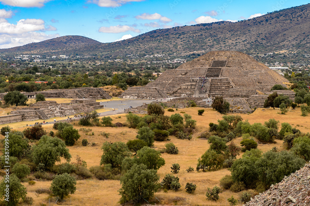 Panorama of Teotihuacan from the Piramid of the Sun, site of many Mesoamerican pyramids built in the pre-Columbian Americas. UNESCO World Heritage