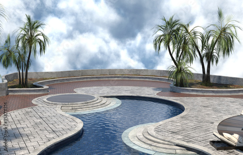 3d render of a palm resort with luxury pool area, chairs and umbrelas