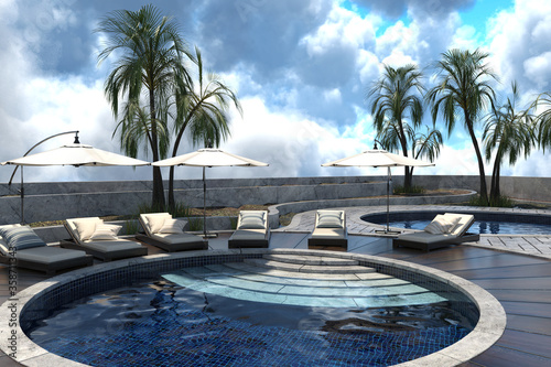 3d render of a palm resort with luxury pool area, chairs and umbrelas