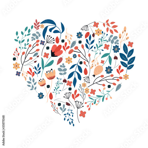 Cute art with flowers  leaves and branches in the shape of a heart. Love symbol. Valentines day background. Design for banner  poster or print