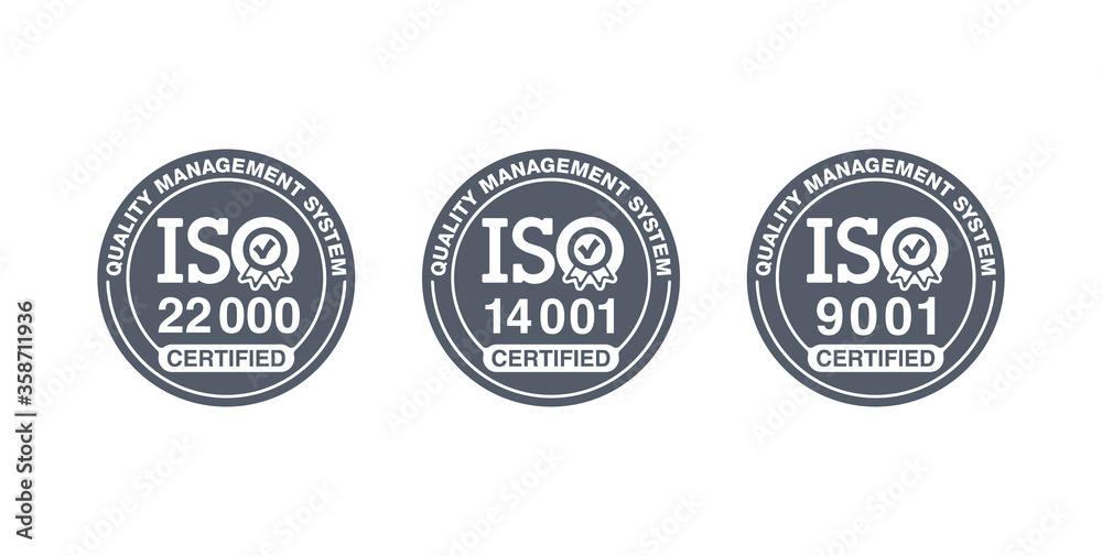 ISO 9001, 14001 and 22000 certified stamps collection - quality management system international standard emblems set - isolated vector signs