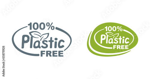 100 percents Plastic Free stamp in 2 variations for marking of unavailability of polymers 
