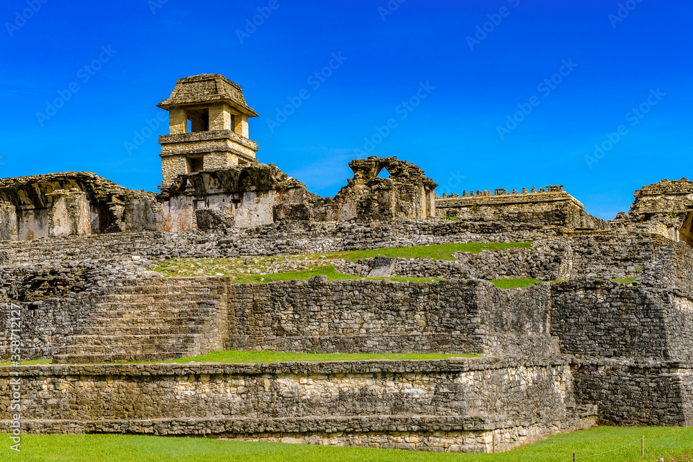 Palace of Palenque, was a pre-Columbian Maya civilization of Mesoamerica. Known as Lakamha (Big Water). UNESCO World Heritage